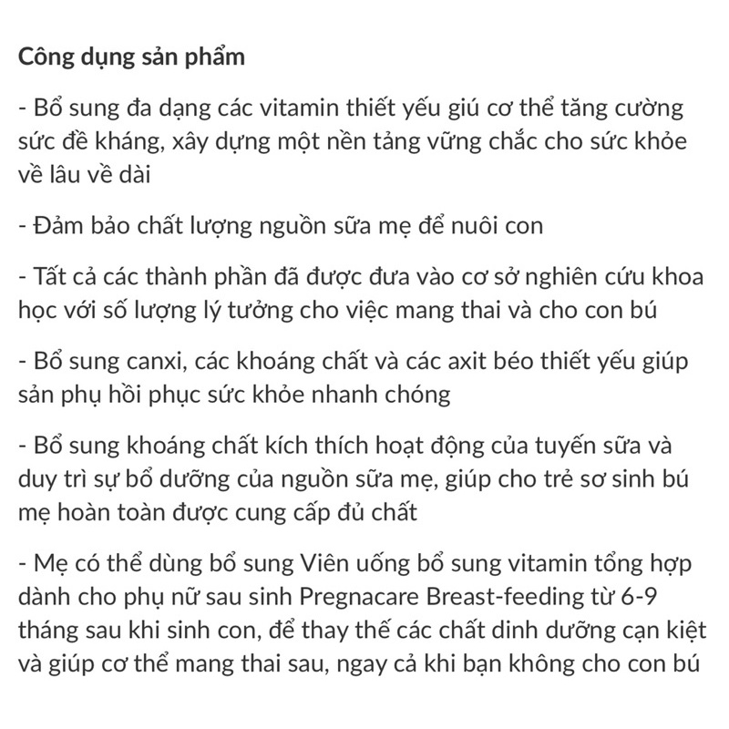 Vitamin tổng hợp cho phụ nữ sau sinh Pregnacare Breast-feeding Bú Anh 84 viên