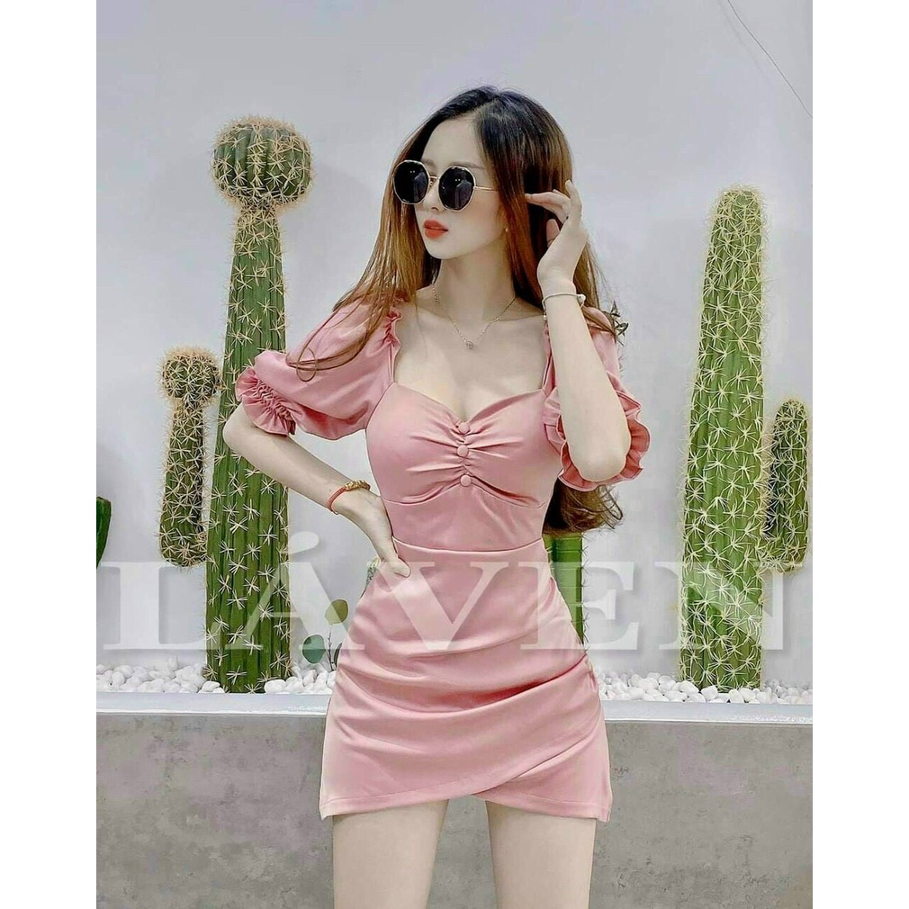 Đầm thời trang nữ mặc đi chơi chất lụa satin có mút ngực tay búp 3 màu váy ngắn xoè