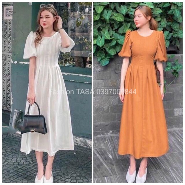 X2 Đầm trắng dự tiệc tay phồng váy ngắn xòe cổ tròn xếp li eo 2 màu (kèm hình thật)