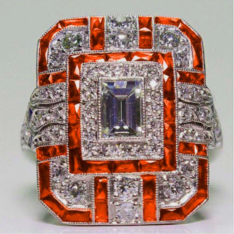 Nhẫn Đính Đá zircon Hình Vuông Bốn Màu Sắc Phong Cách Dân Tộc Cổ Điển