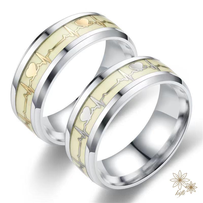 Nhẫn Thép Titan Phát Sáng Trong Đêm Hình Nhịp Tim Dành Cho Cặp Đôi