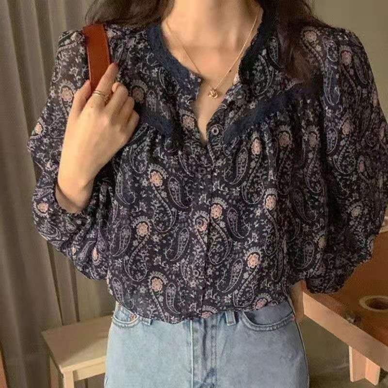 Áo Sơ Mi Nữ Tay Dài Họa Tiết Hoa Thời Trang Phong Cách retro