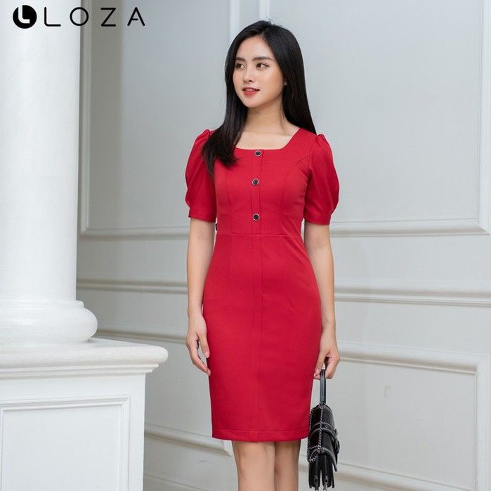 [Mã FAMALLT5 giảm 15% đơn 150k] Đầm dáng ôm LOZA cổ vuông tay bồng màu đỏ - LD2223