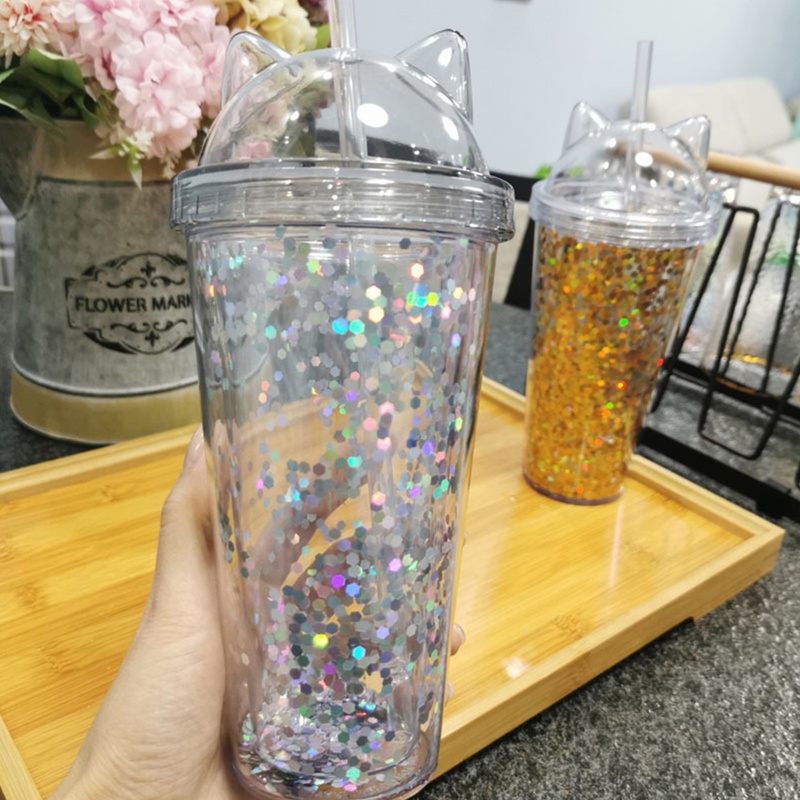 Ly đựng nước hai lớp kèm nắp đậy và ống hút dễ thương tiện lợi