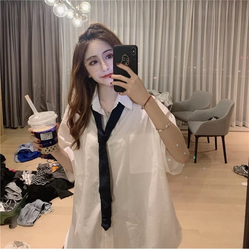 (tặng cavat) ÁO SƠ MI NỮ  FREESHIP  GIẢM 3K (Nhập Mã SHOPA3N)TRẮNG ULZZANG DÁNG DÀI HOT