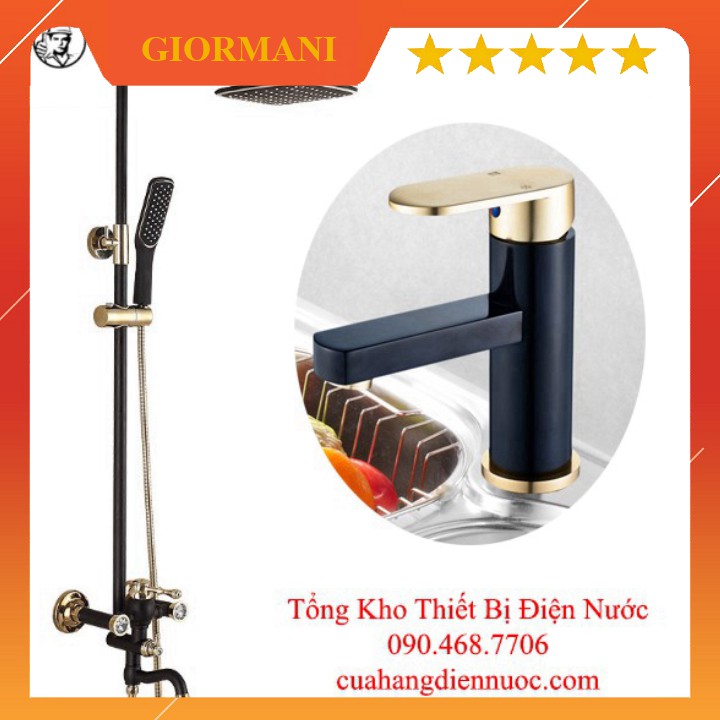 Combo bộ sen cây tắm đính đá kèm vòi chậu lavabo vàng đen cao cấp SC08-SNL23