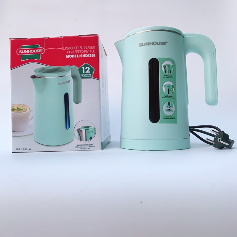 Ấm siêu tốc , bình đun siêu tốc SUNHOUSE inox 2 lớp, dung tích 1,8 lit, SHD1351