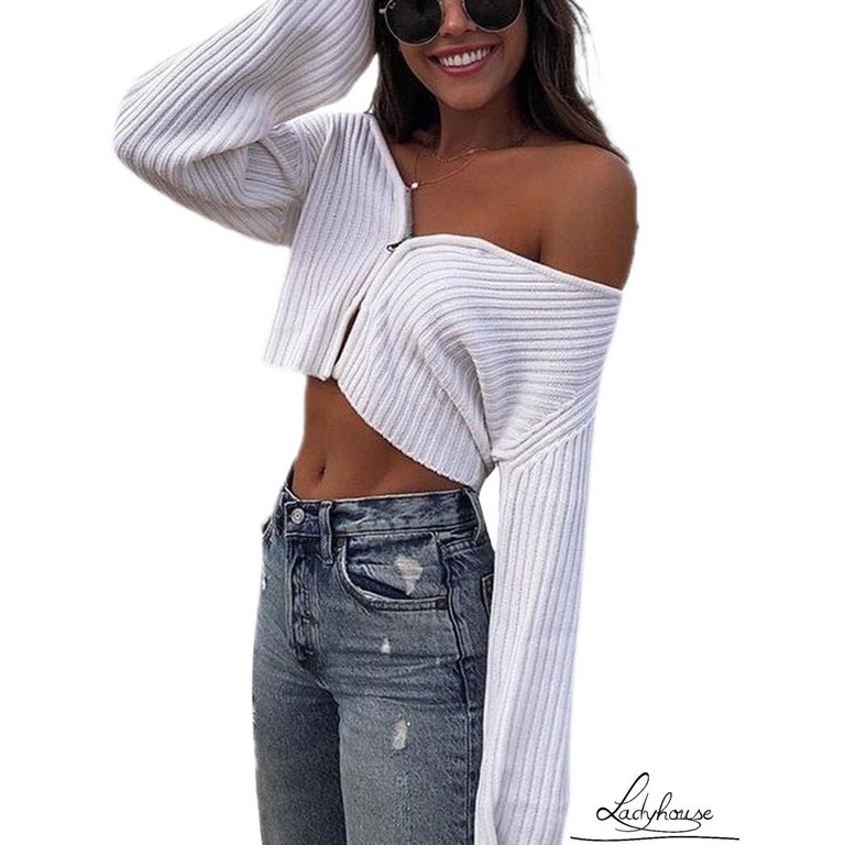 Áo Dệt Kim Tay Dài Khóa Kéo Màu Sắc Đơn Giản Cho Nữ