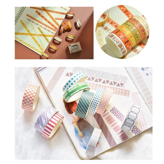 Set 5 washi tape họa tiết hoa lá vintage băng keo giấy caro trang trí sổ màu sắc