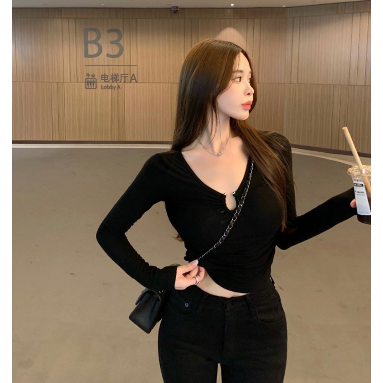 Áo thun lửng tay dài cổ chữ V thời trang Hàn Quốc cho nữ