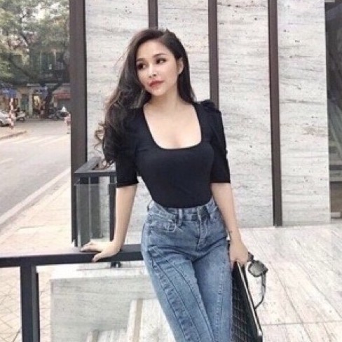 Áo thun cổ u tay bồng, Áo kiểu vai bồng tay lỡ vải cotton co giãn CS1288 - NhiNhiShop