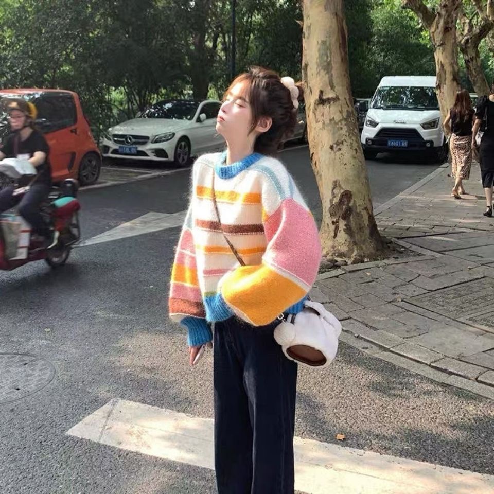 Áo sweater dáng rộng màu sắc cầu vồng thời trang mùa thu cho nữ