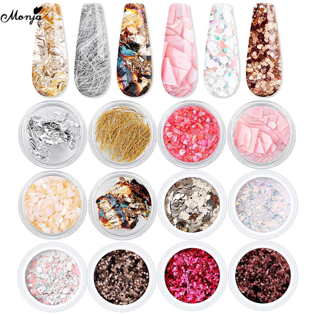 MONJA [Hàng mới về] Set 6/12 hộp phụ kiện trang trí móng hình lục giác làm bằng vỏ sò 3d