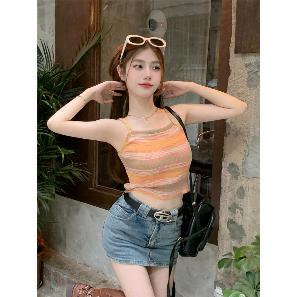 Lalisas Áo Croptop Dệt Kim Hai Dây Ôm Dáng Họa Tiết Gia Vị Ngọt Ngào Cho Nữ