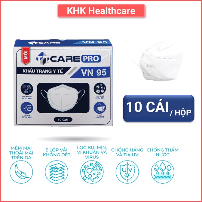 Khẩu Trang Y Tế 5 Lớp Kháng Khuẩn TTCare VN95 Pro Bảo Vệ An Toàn Sức Khỏe Hộp 10 Cái
