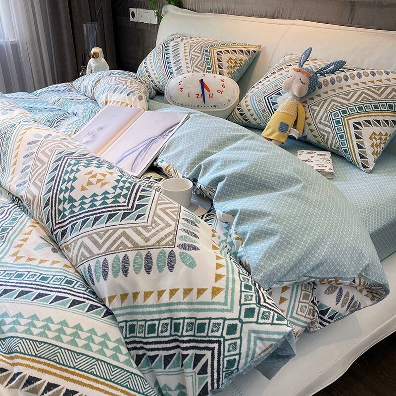 Chăn Ga Gối Cotton Living - Bộ Chăn Ga Gối Cotton 100% "Thổ Cẩm Trắng" Nhập Khẩu 4 món