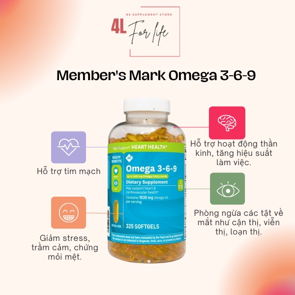 TPCN viên uống Omega 3-6-9 Member’s Mark Supports Heart Health (325v) - hàng Mỹ đi air full bill 🇺🇸✈️