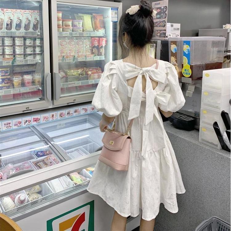 Đầm Trắng Tay Phồng Cổ Chữ V Thắt Nơ Phong Cách Retro Hàn Quốc Thời Trang Mùa Hè Cho Nữ