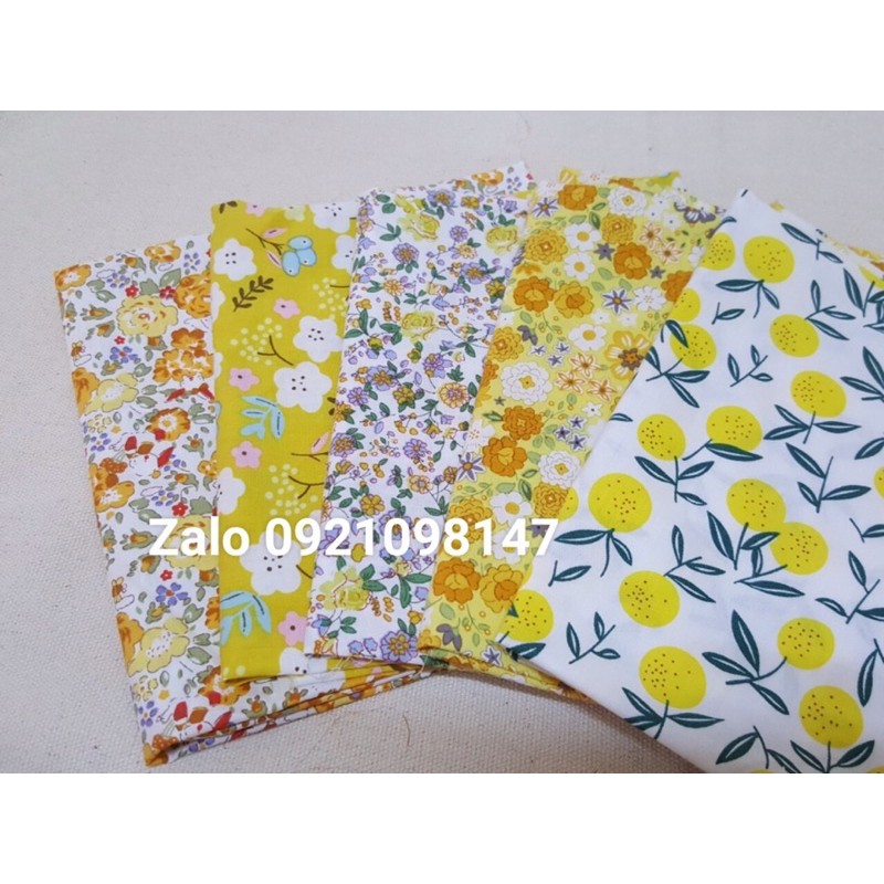 Vải thô cotton set 5 mảnh tông màu vàng, kt 49*50cm, dùng trong handmade, may khẩu trang vải, cột tóc