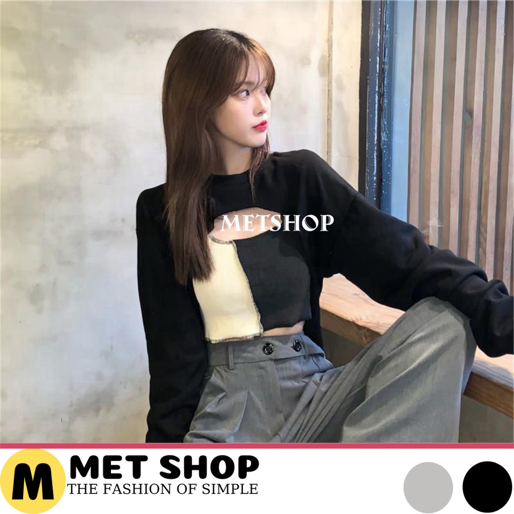 Sét áo croptop khoét ngực kèm áo 3 lỗ phối màu, set áo crt 2 món áo ngoài kèm áo trong chất zip cotton dầy mịn -METSHOP