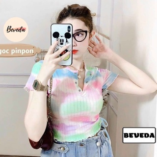 Áo Croptop Loang Cổ Tròn Nút Bấm Rút Dây Một Bên Hông Cuốn Biên