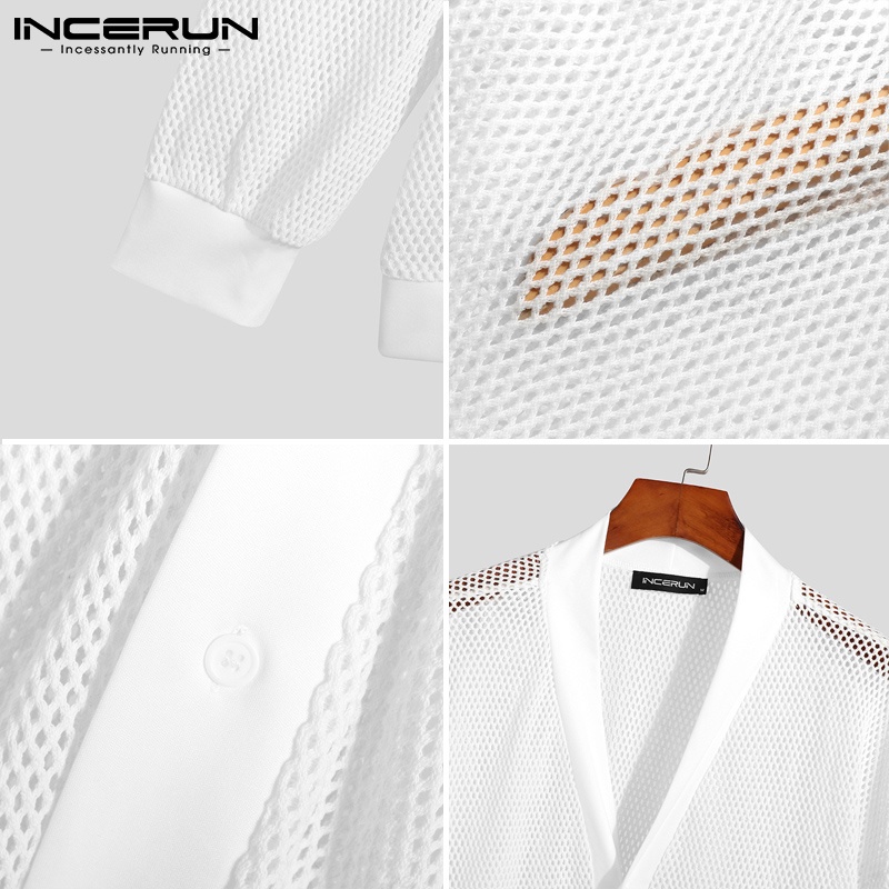 Áo khoác cardigan INCERUN tay dài cổ chữ V dáng rộng chất liệu cotton đục lỗ cho nam