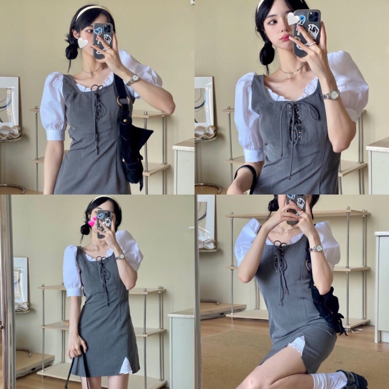 Đầm xám tay phồng đan dây ngực