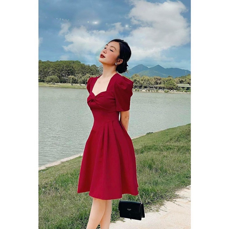 ĐẦM NHUNG (Có Bigsize) MOLI CỔ TIM NƠ BẢN TO NGỰC XOÈ phù hợp đi chơi đi tiệc mùa Noel, Lễ Tết
