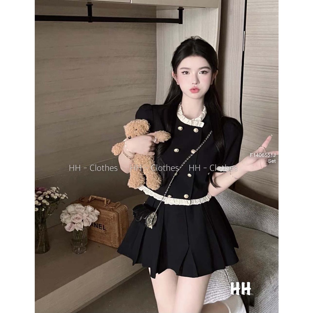 Set bộ tuyết mưa đen áo nút phối viền ren tay con kèm chân váy xòe ngắn!