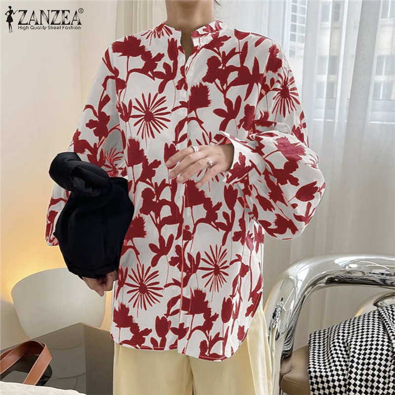 Áo kiểu ZANZEA tay phồng cổ chữ V cài nút in họa tiết cổ điển giản dị cho nữ