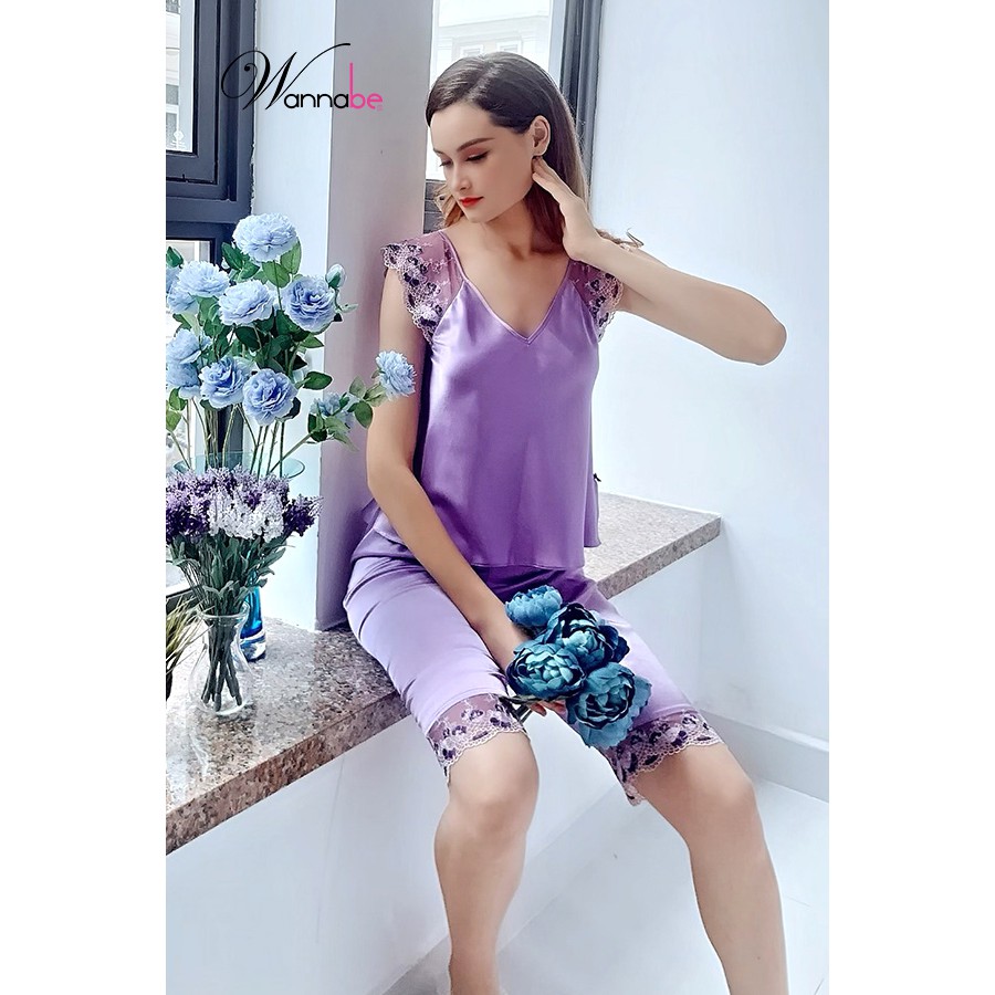 Đồ bộ mặc nhà phi lụa wannabe bộ lửng bls06 phối ren hoa nhã nhặn