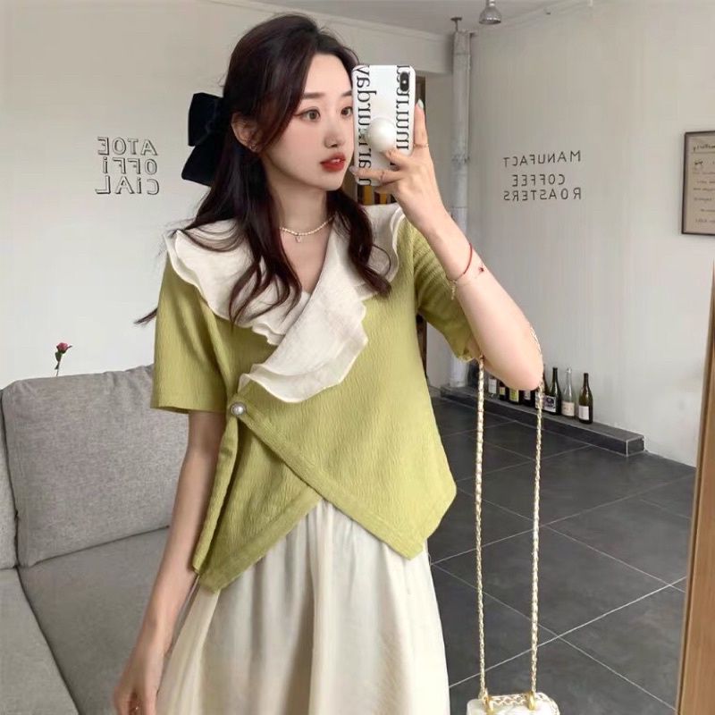 [V01] Áo sơ mi kiểu tiểu thư thanh lịch cổ chữ V phối voan 2 mảnh cao cấp ngọt ngào + chân váy lưới 2022.
