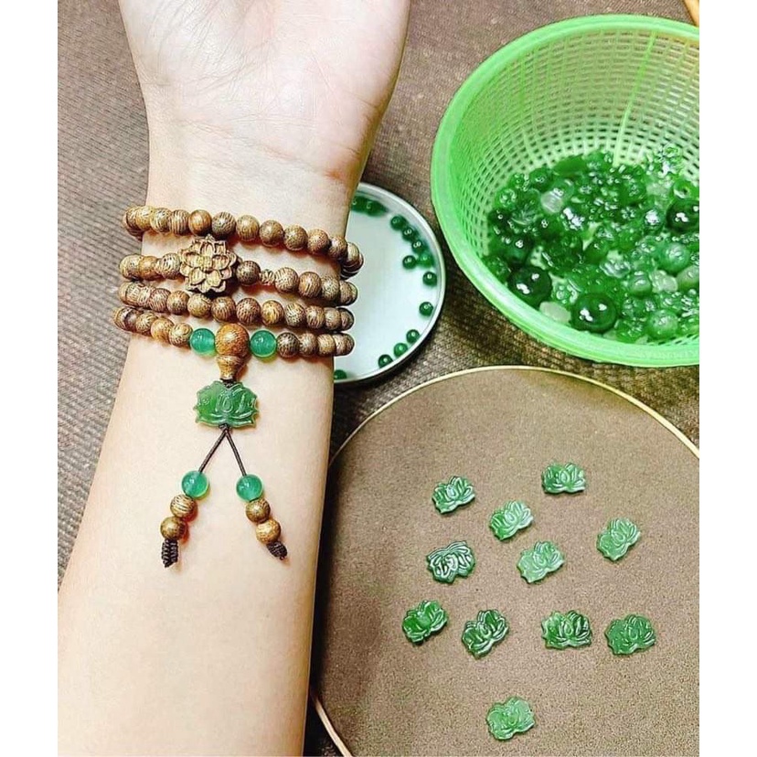 Chuỗi Vòng Trầm 108 Hạt Mix Hoa Sen Ngọc Lục Size 6mm,7mm,8mm Nam Nữ.