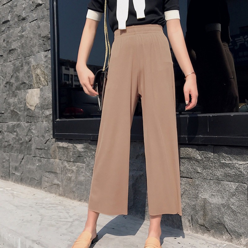Quần dài ống rộng lưng cao màu trơn thời trang cho nữ