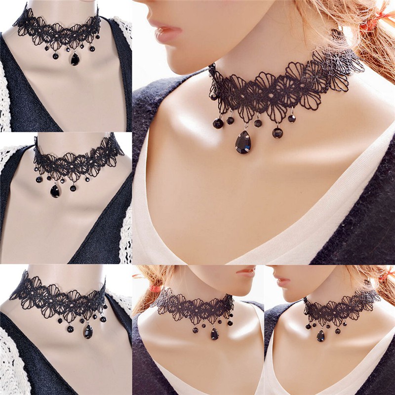 Vòng cổ choker phối ren hoa phong cách retro thời trang