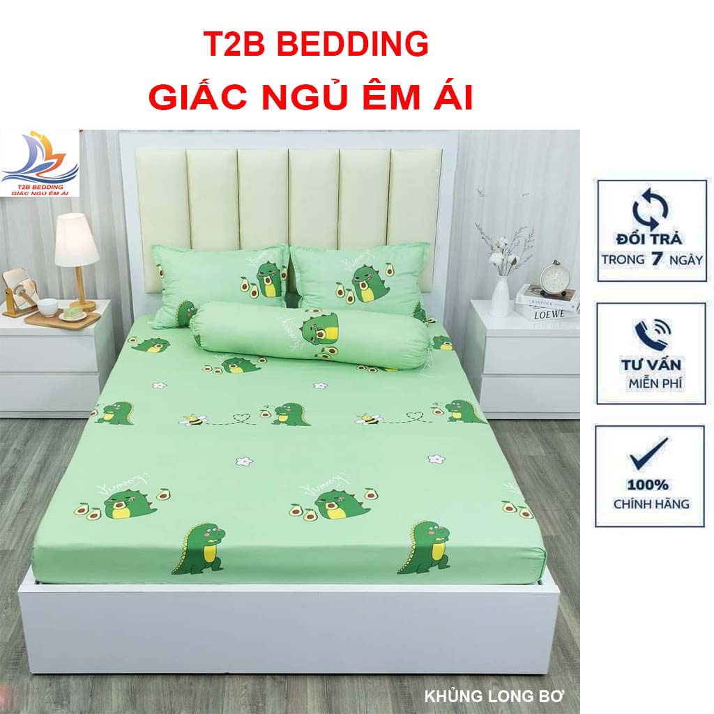 Bộ ga gối cotton poly 1m2 x 2m, Mẫu Khủng Long Bơ, chất vải bền đẹp