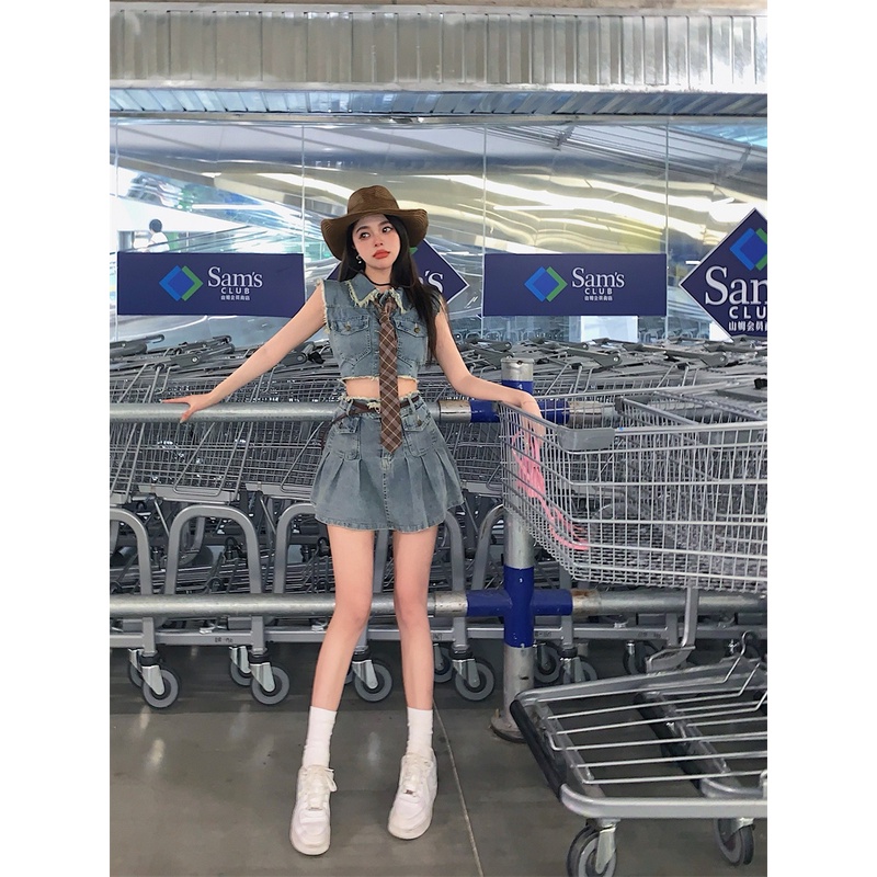 Cocory vn Set Áo Denim Không Tay + Chân Váy Chữ A Thời Trang Nữ