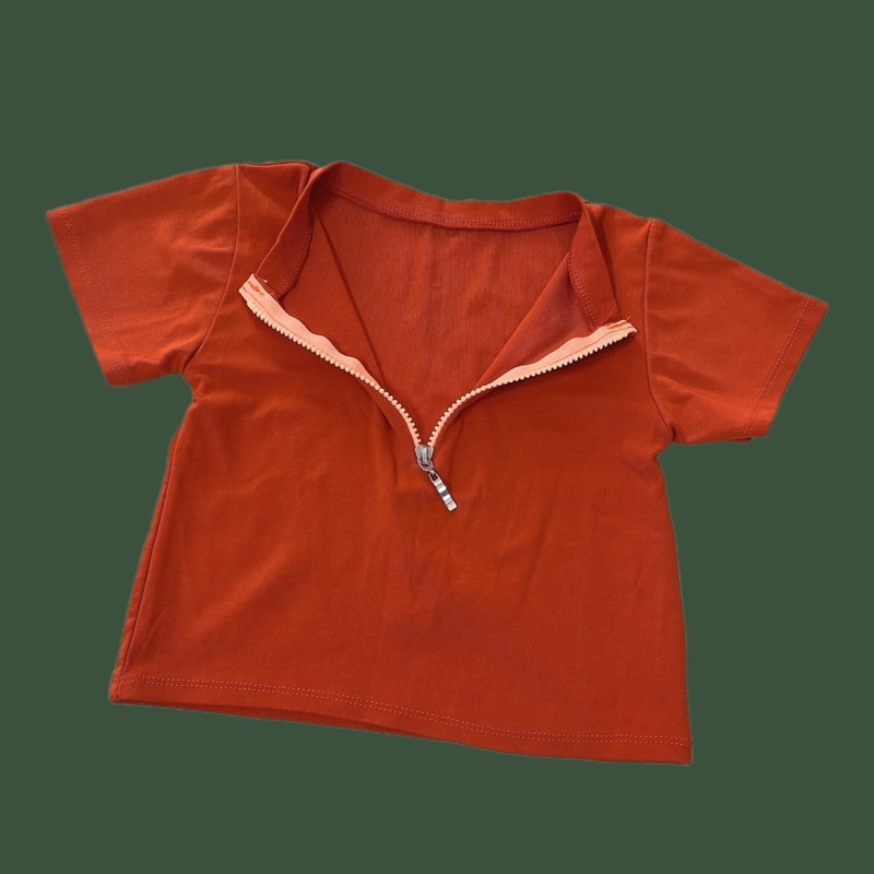 Áo kiểu ôm body croptop tay ngắn dây kéo khoá kéo zipper màu cam đất tôn da thời trang nữ đi chơi du lịch biển ngày hè