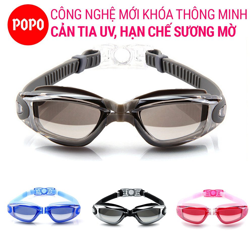 Kính bơi người lớn, kính bơi tráng gương kèm mũ bơi và bịt tai kẹp mũi POPO mắt kiếng bơi cho nam nữ trẻ em cản tia UV
