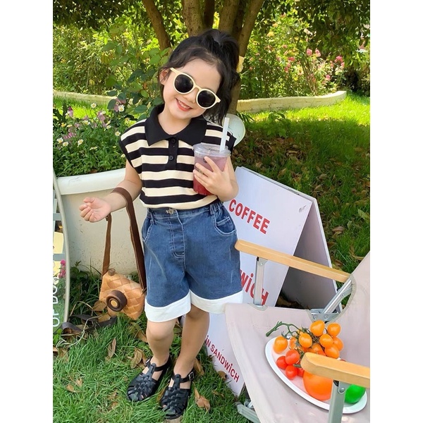 Set áo len lưới mix quần jean xanh bé gái