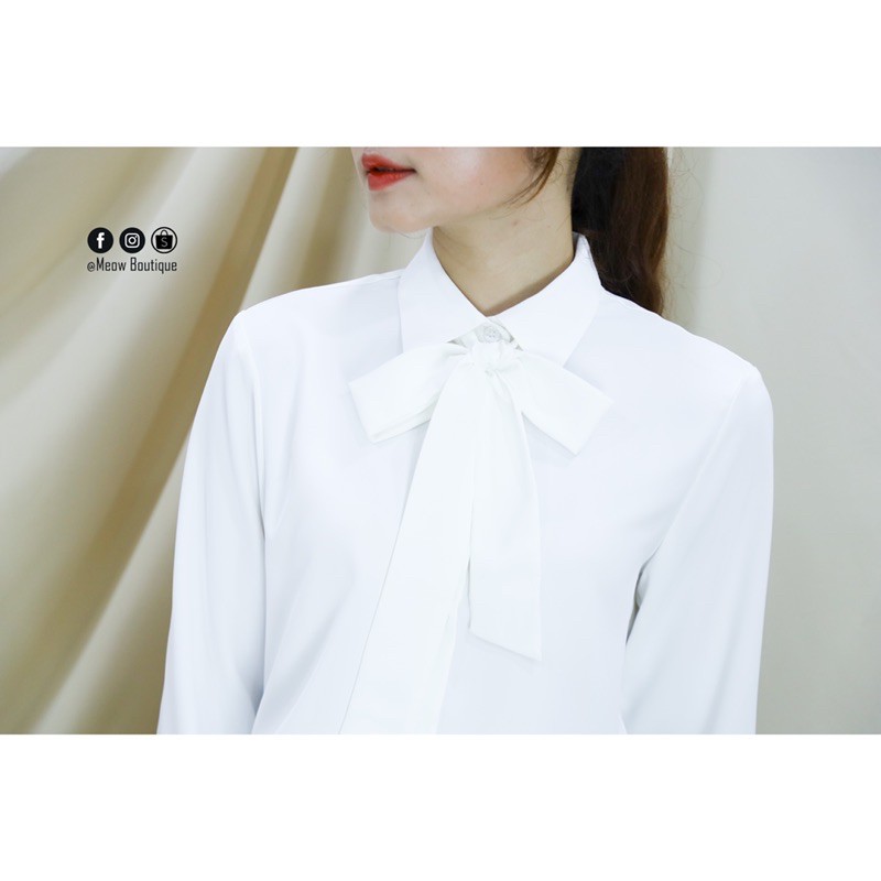 Sơ mi trơn tay dài thắt nơ 3 màu trending, chất Lụa mềm rũ mát, dây nơ có thể tháo rời mặc được nhiều kiểu Meow Boutique