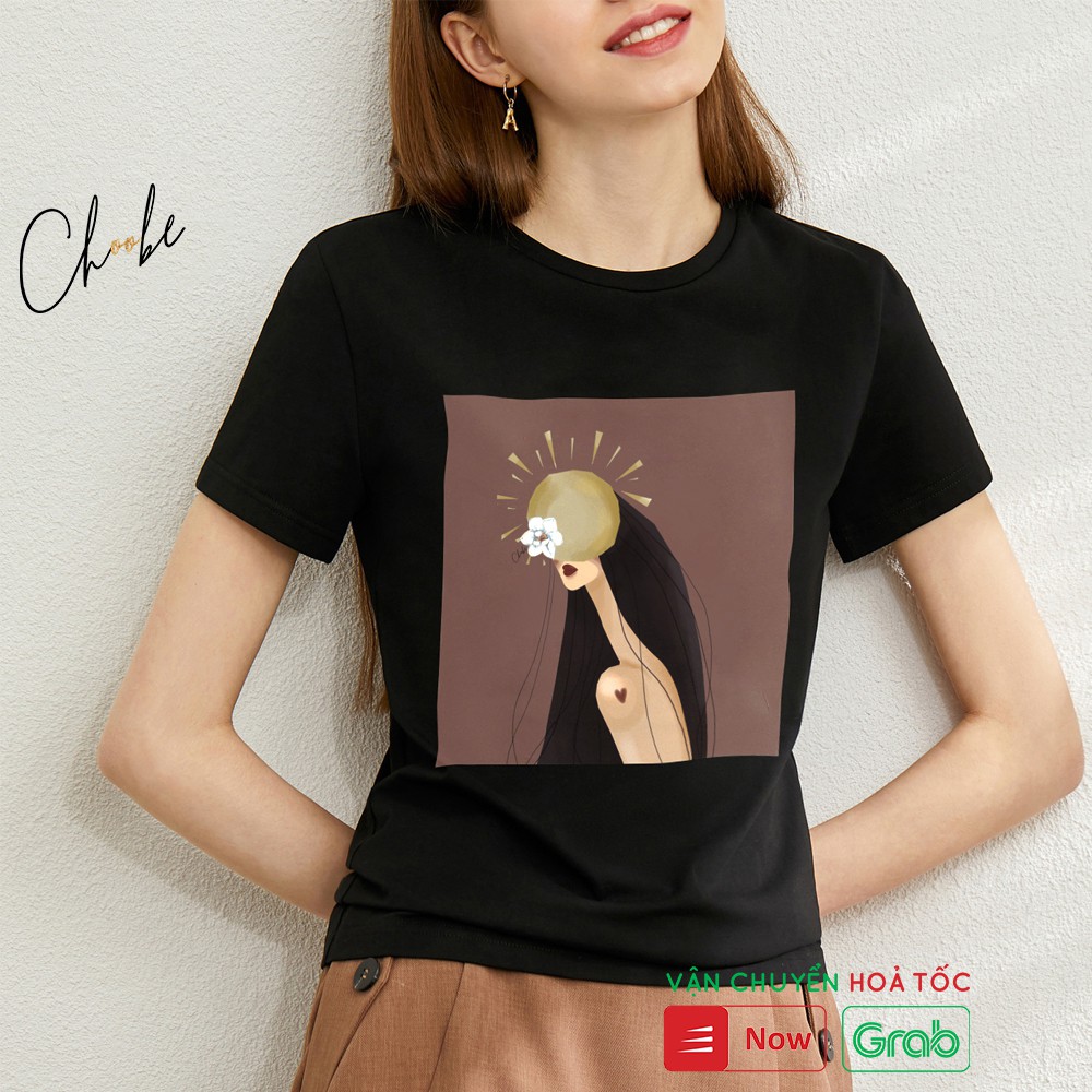 Áo thun nữ Choobe cộc tay Nhật Hoa Nữ phông suông cotton co giãn thoáng mát ĐEN- A05