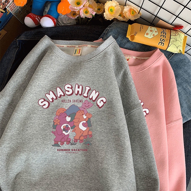 Áo hoodie cổ tròn vải lông cừu dày phong cách đường phố hip hop mới mùa thu đông 2021 cho nữ