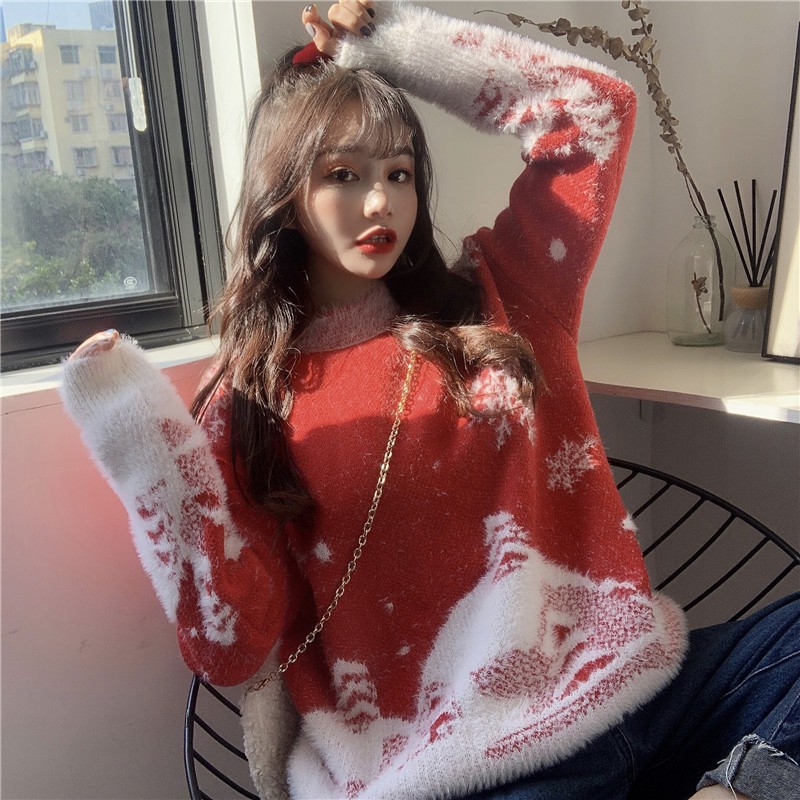 SẴN ĐỎ Áo len tay dài nữ lông giáng sinh noel bông tuyết cây thông ulzzang ( 2 màu ) tết xuân đâu năm mới