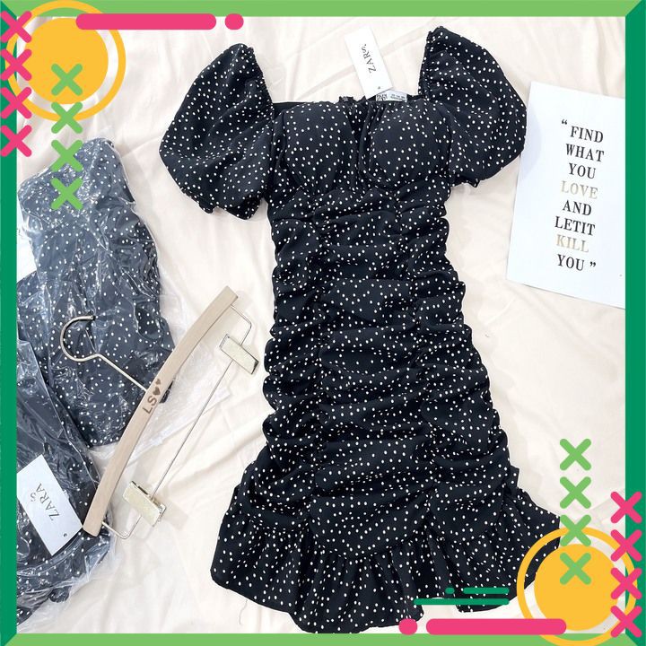 Váy Dúm Chấm Bi 💓FREESHIP💓Cổ Vuông Dáng Xòe Đuôi Cá-Đầm Xòe Bánh Bèo
