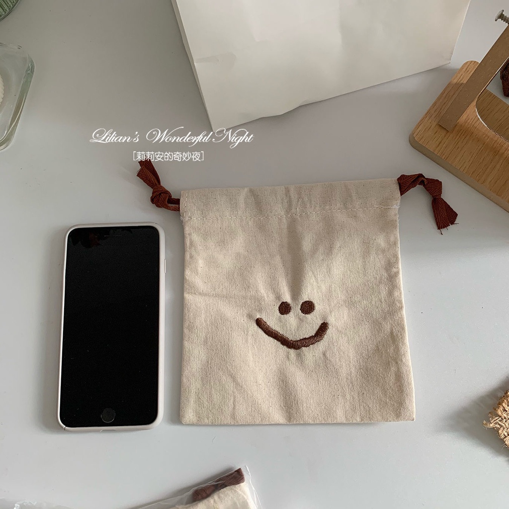 Túi Dây Rút Mini Đựng Mỹ Phẩm Thêu Hình Mặt Cười Dễ Thương