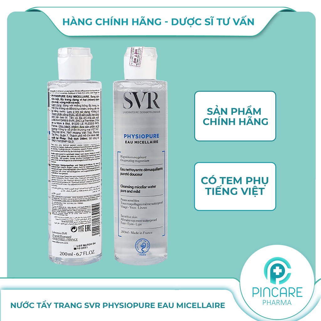 Nước tẩy trang cho da nhạy cảm SVR Physiopure Eau Micellaire - Hàng chính hãng - Nhà thuốc PinCare