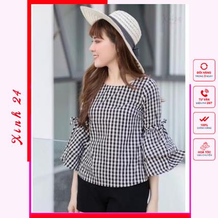 Áo sơ mi nữ, áo kiểu nữ sọc caro tay loe phong cách Hàn Quốc, hàng thiết kế chuẩn Form | BigBuy360 - bigbuy360.vn