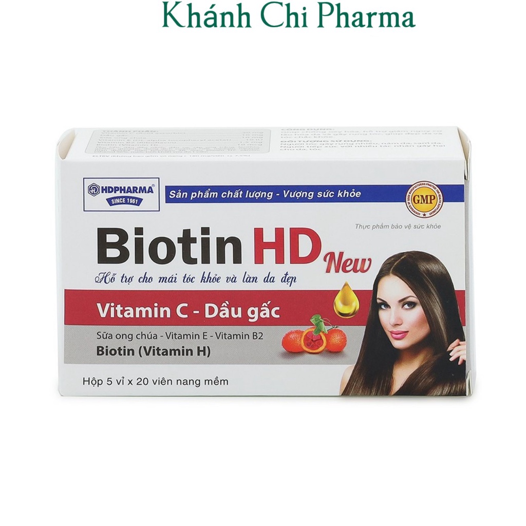 Viên uống Biotin HD New ,dầu gấc ,vitamin E ,sữa ong chúa ,vitamin B2. Hỗ trợ đẹp da, tóc, móng chắc khỏe. Hộp 100 viên