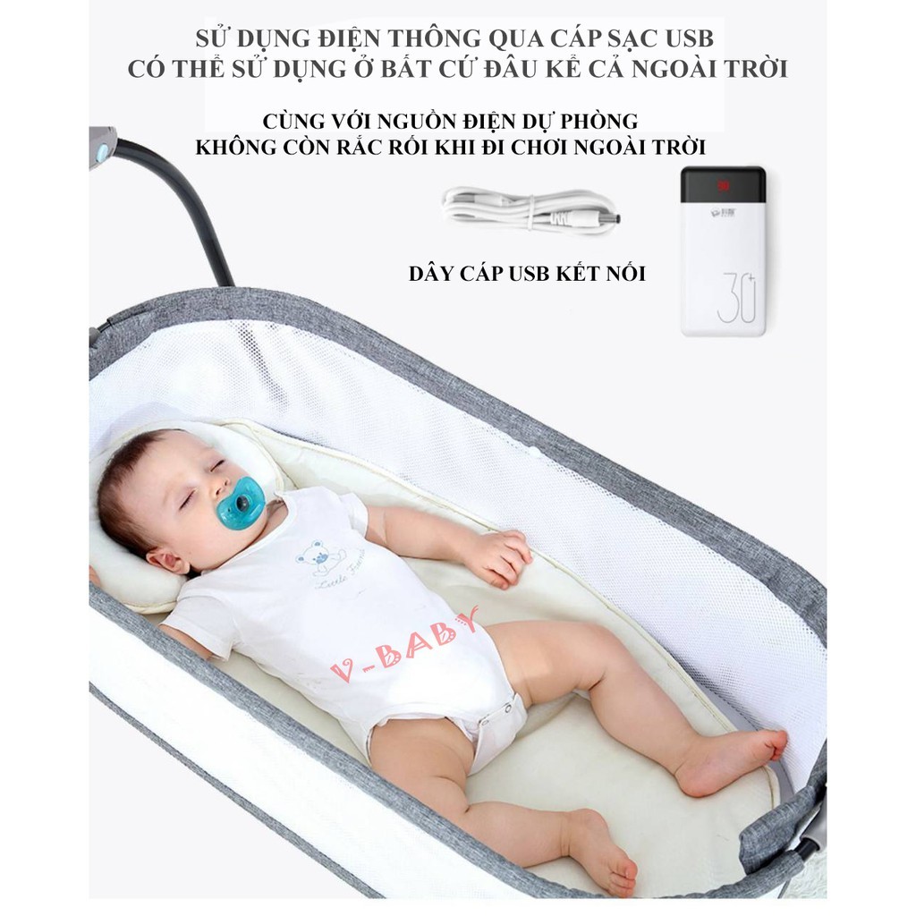 Nôi đưa điện tự động V-Baby F3 mẫu mới năm 2020